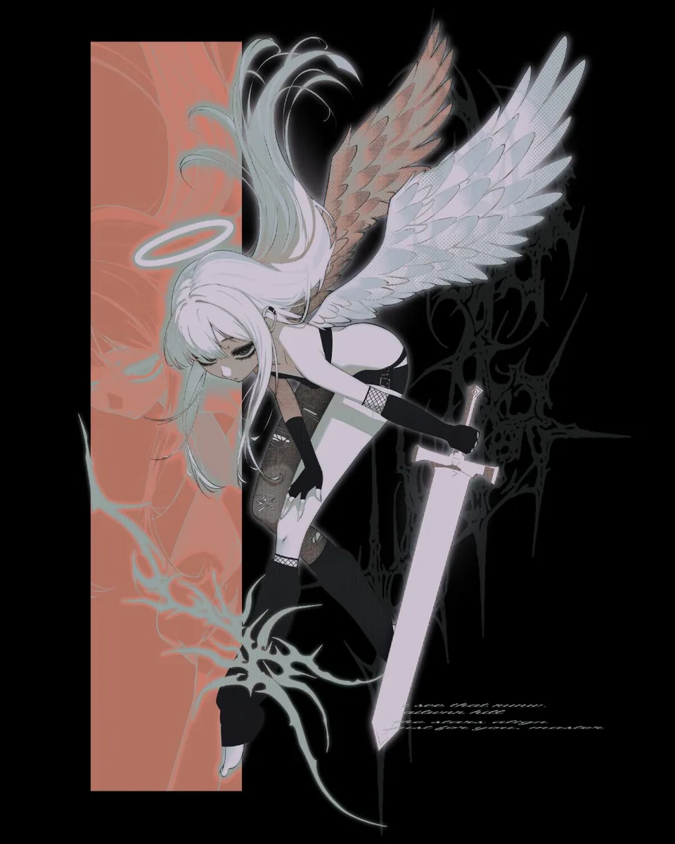 A pale-haired winged angel holding a sword against a faded rose panel